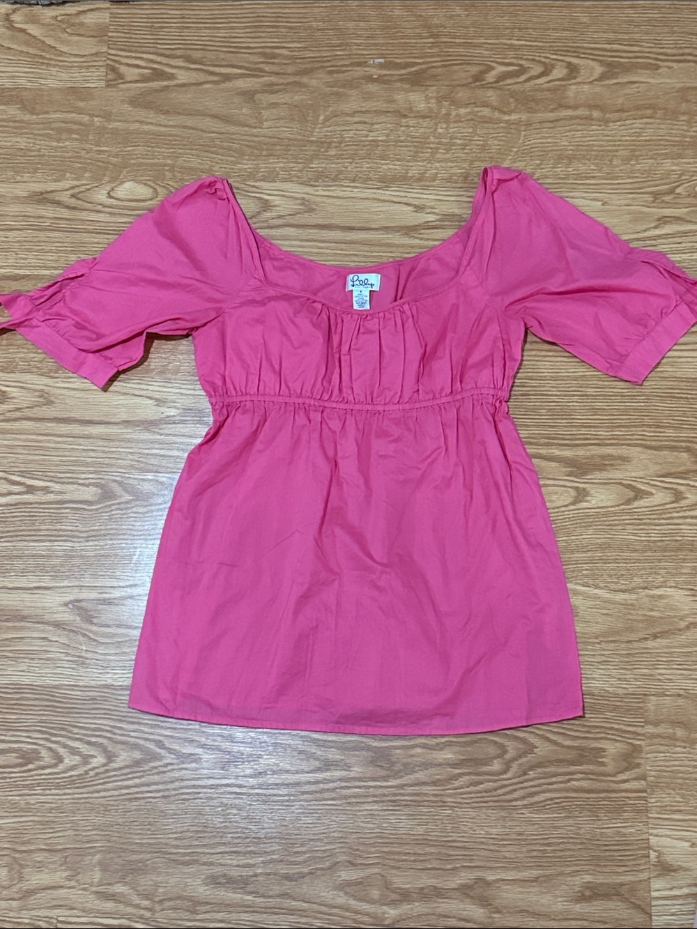 Lilly Pulitzer Vintage White Label Bright Pink Puff-Sleeve Empire Blouse